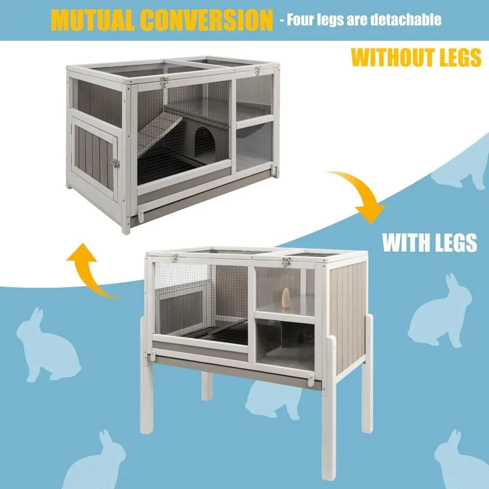 Wooden Guinea Pig Cages with Stand, Rabbit Cage Hutch with Ramp and Hideout, with Not Leakage Pull Out Tray