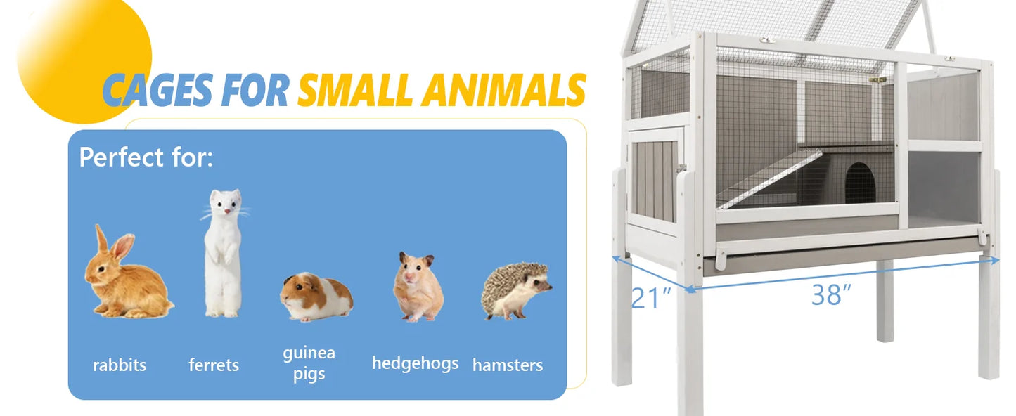 Guinea Pig Cages , Wooden Guinea Pig Cages with Stand, Rabbit Cage Hutch with Ramp and Hideout, with Not Leakage Pull Out Tray