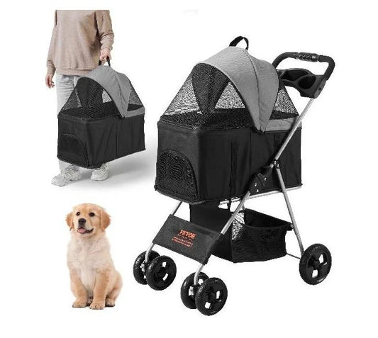 35lbs 4 Wheels Pet Dog Stroller with Brakes Storage Basket Cup Holder Puppy Stroller for Cats Travel