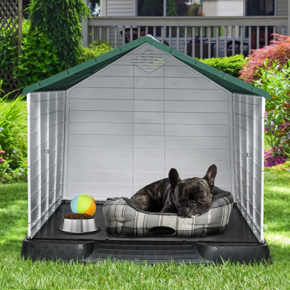 2024 New Large Plastic Dog House Puppy Shelter, Water Resistant Sturdy Dog Kennel with Air Vents and Elevated Floor - Whisker and Waggers