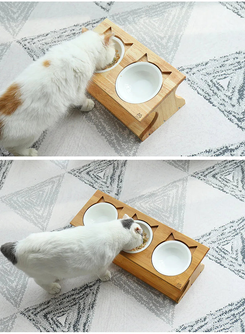 Raised Cat Bowls Elevated Bamboo Food Bowls for Cat and Small Dog Anti-Leak Pet Food Water Bowl