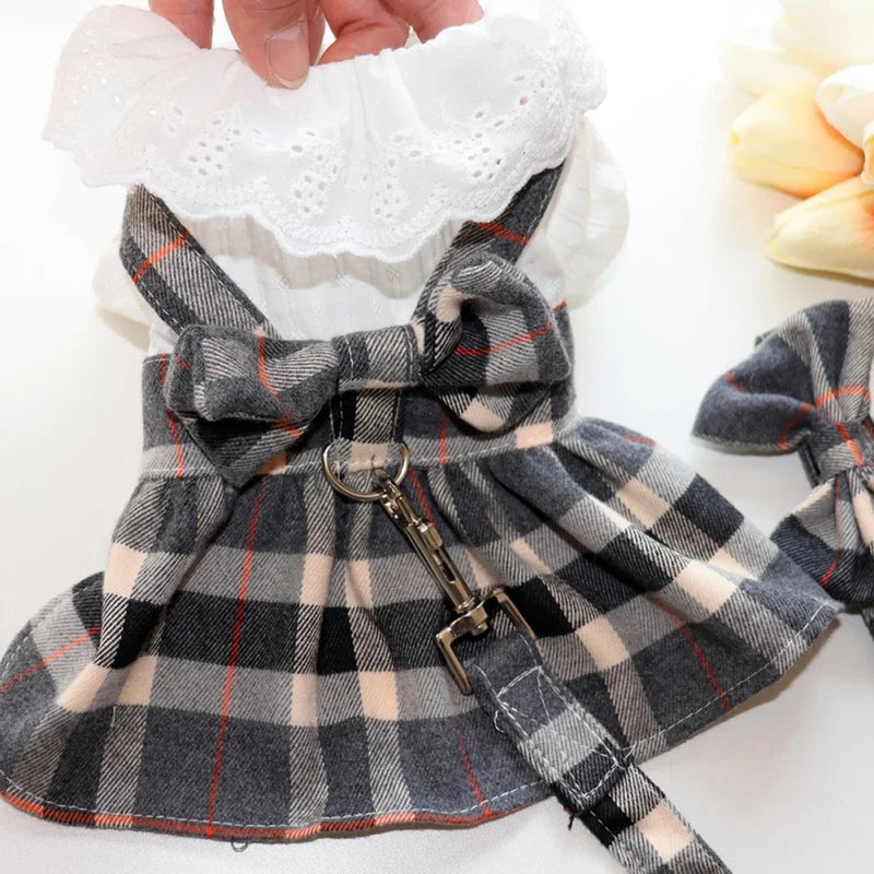 Dog Clothes Dog Dress Plaid Skirt With Big Bowknot Pet Harness With Leash Set For Girls Small Medium Chihuahua