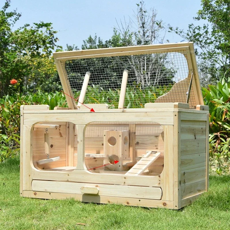 Hamster Cage Safe and Locked Natural Solid Wood Rabbit Hutches Small Animal Cage House