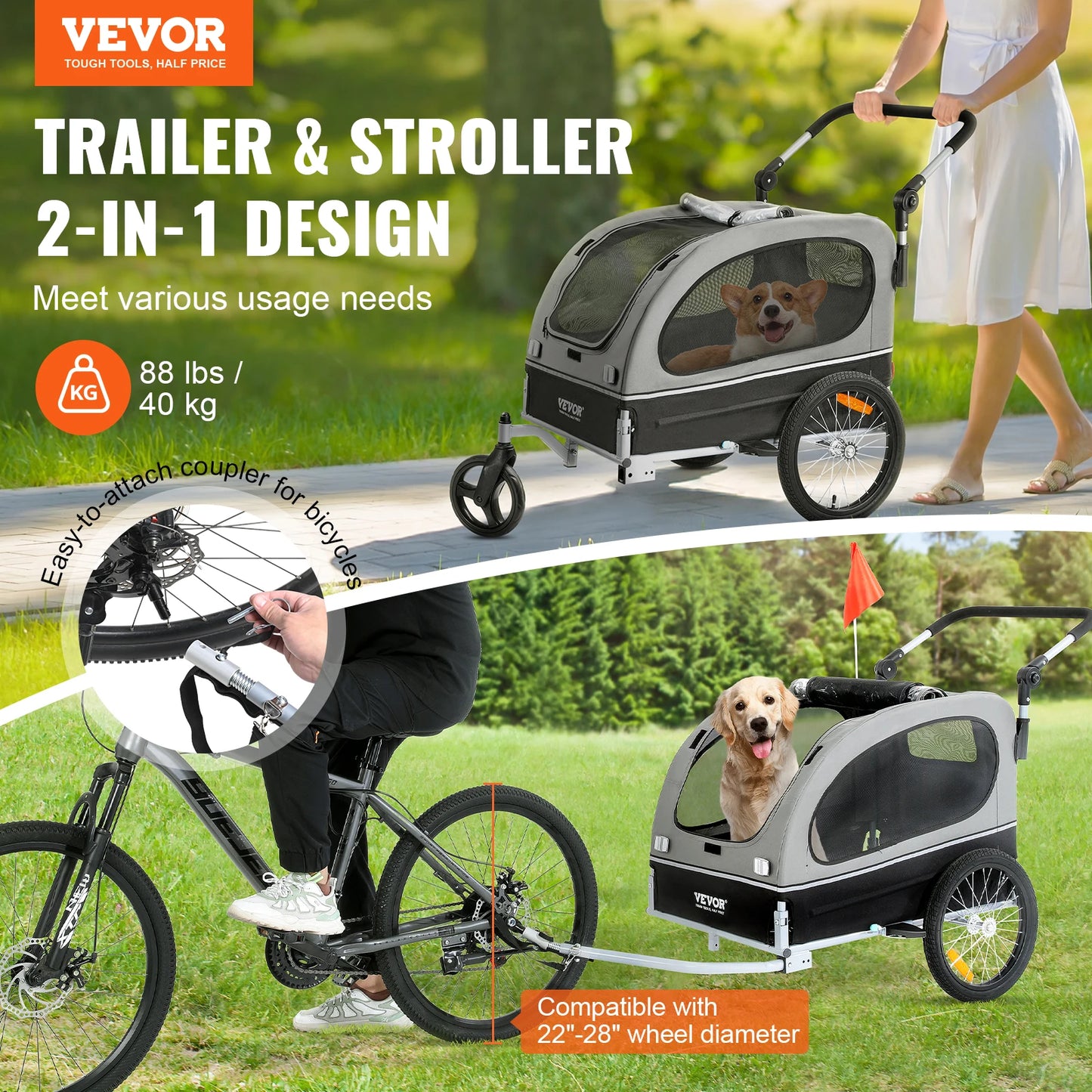 VEVOR 88 lbs 2-in-1 Pet Stroller Cart Dog Bike Trailer with Wheels Reflectors Easy Folding Cart Frame Bicycle Coupler Carrier