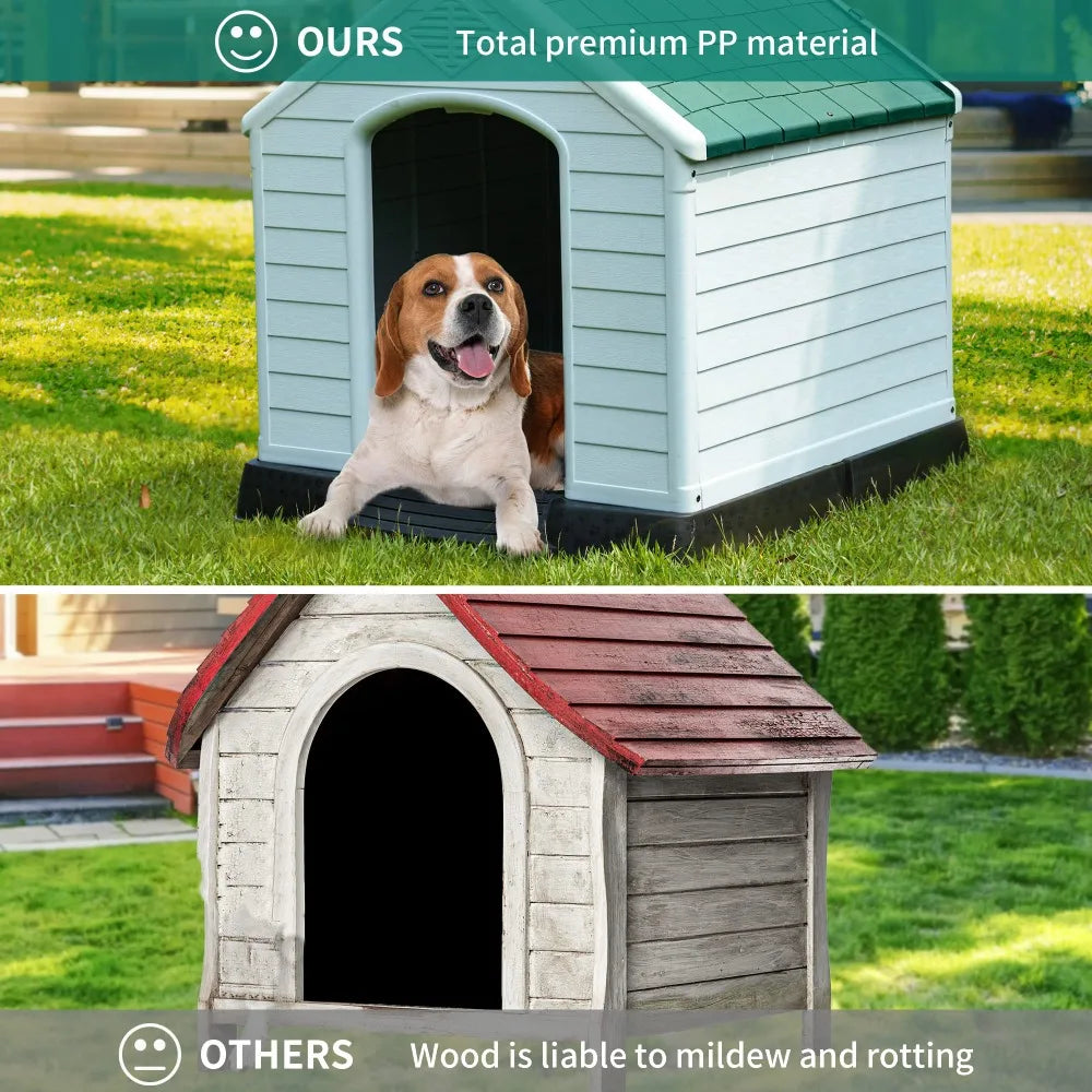 2024 New Large Plastic Dog House Puppy Shelter, Water Resistant Sturdy Dog Kennel with Air Vents and Elevated Floor - Whisker and Waggers