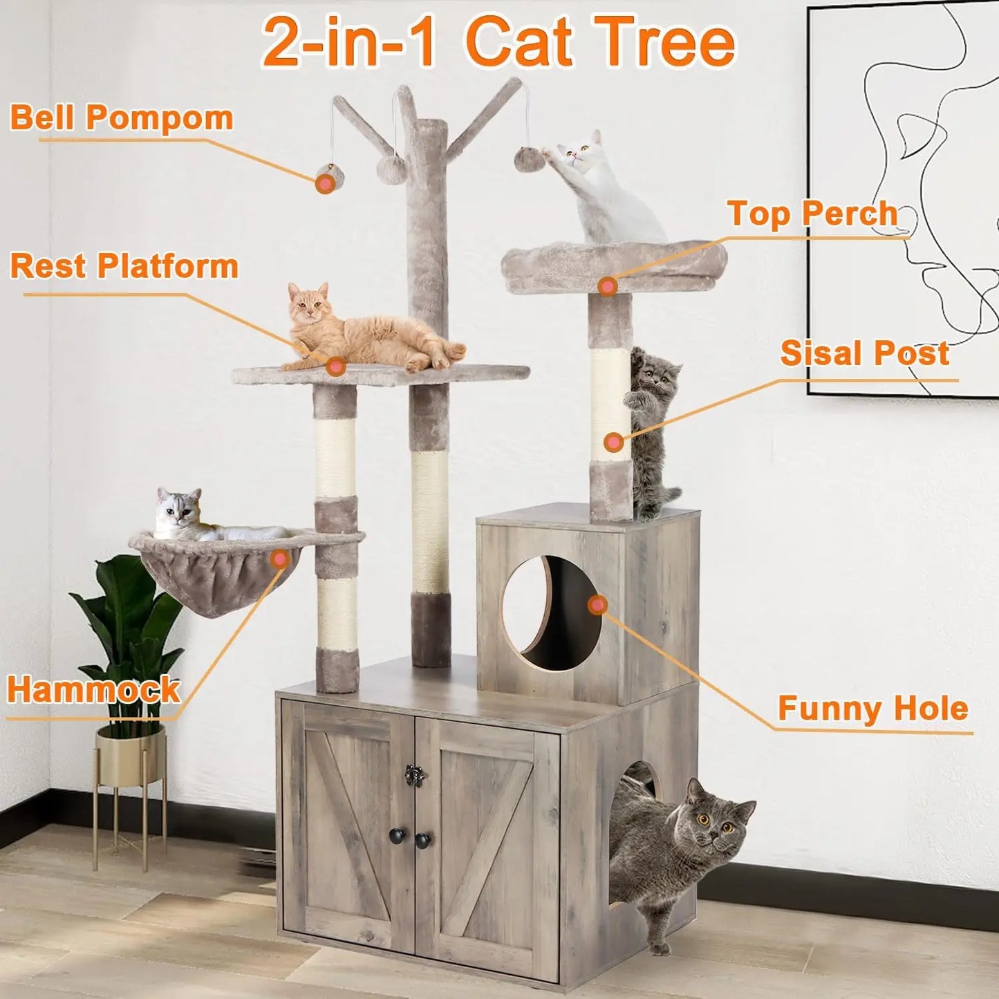 Wooden Cat House with Cat Tree Tower,  Furniture with Scratching Post