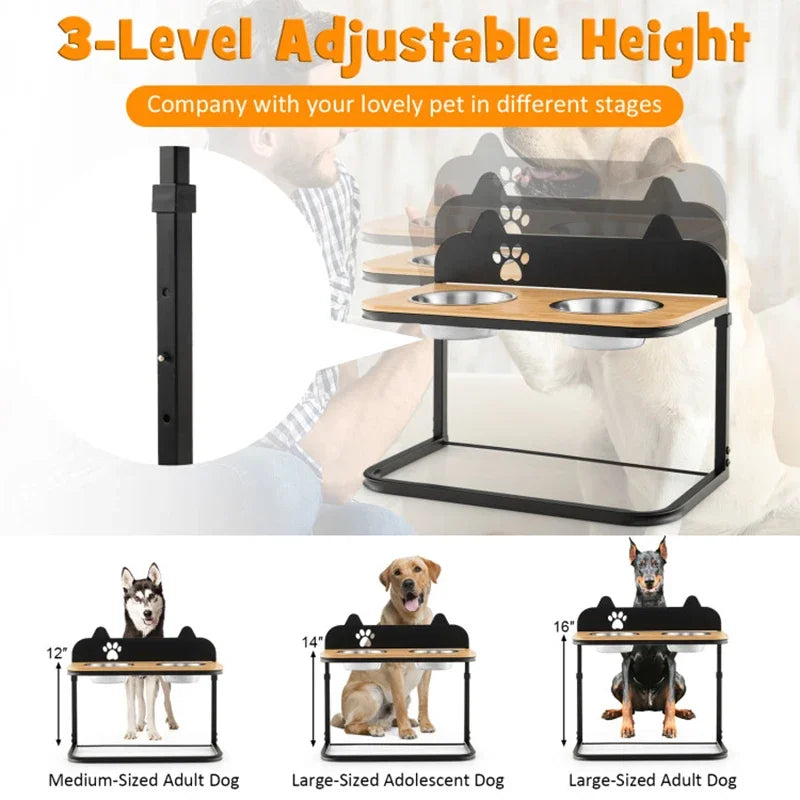 Stable Durable Premium  3 Adjustable Heights Stainless Steel Bowl Stand with 2 Food Water Bowls - Whisker and Waggers