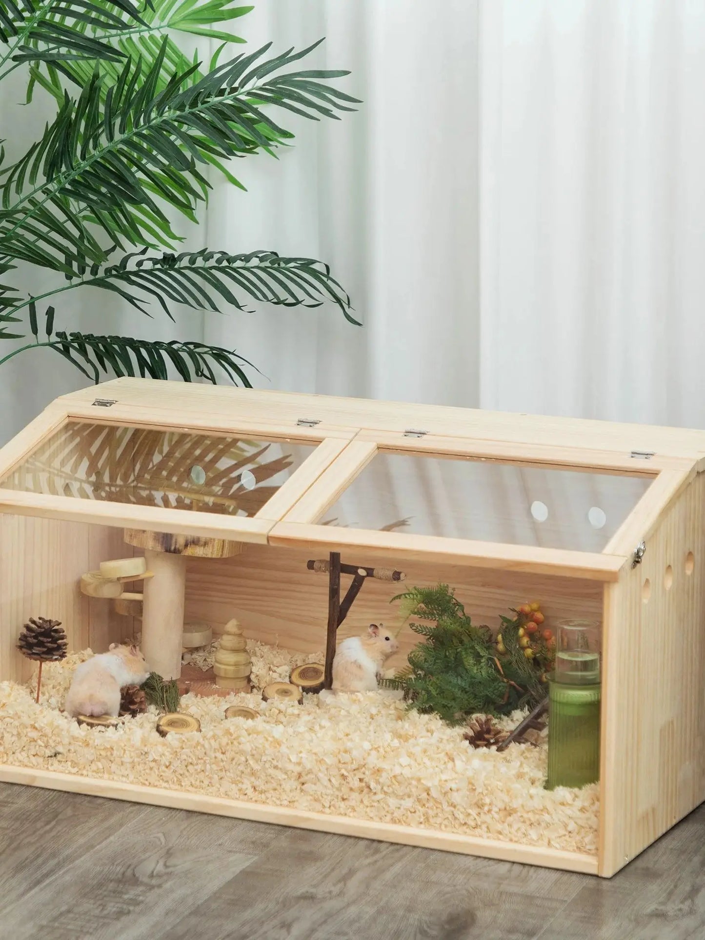 Middle Transparent Wooden Hamster Cage, Small Animal Habitat Hutch for Large Siberian Hamster,Gerbils,Little Rabbits, Natural