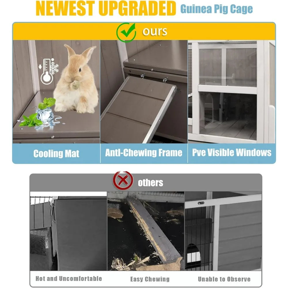 Guinea Pig Cages , Wooden Guinea Pig Cages with Stand, Rabbit Cage Hutch with Ramp and Hideout, with Not Leakage Pull Out Tray