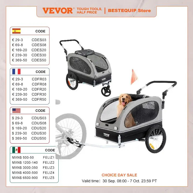 VEVOR 88 lbs 2-in-1 Pet Stroller Cart Dog Bike Trailer with Wheels Reflectors Easy Folding Cart Frame Bicycle Coupler Carrier