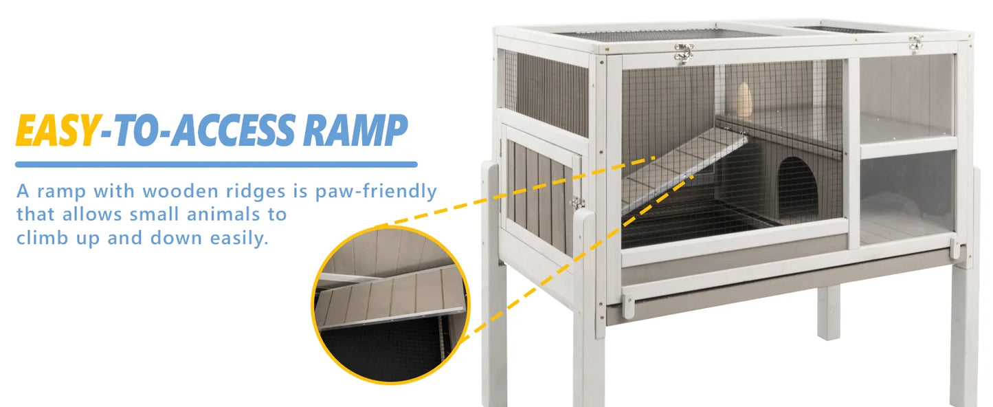 Guinea Pig Cages , Wooden Guinea Pig Cages with Stand, Rabbit Cage Hutch with Ramp and Hideout, with Not Leakage Pull Out Tray