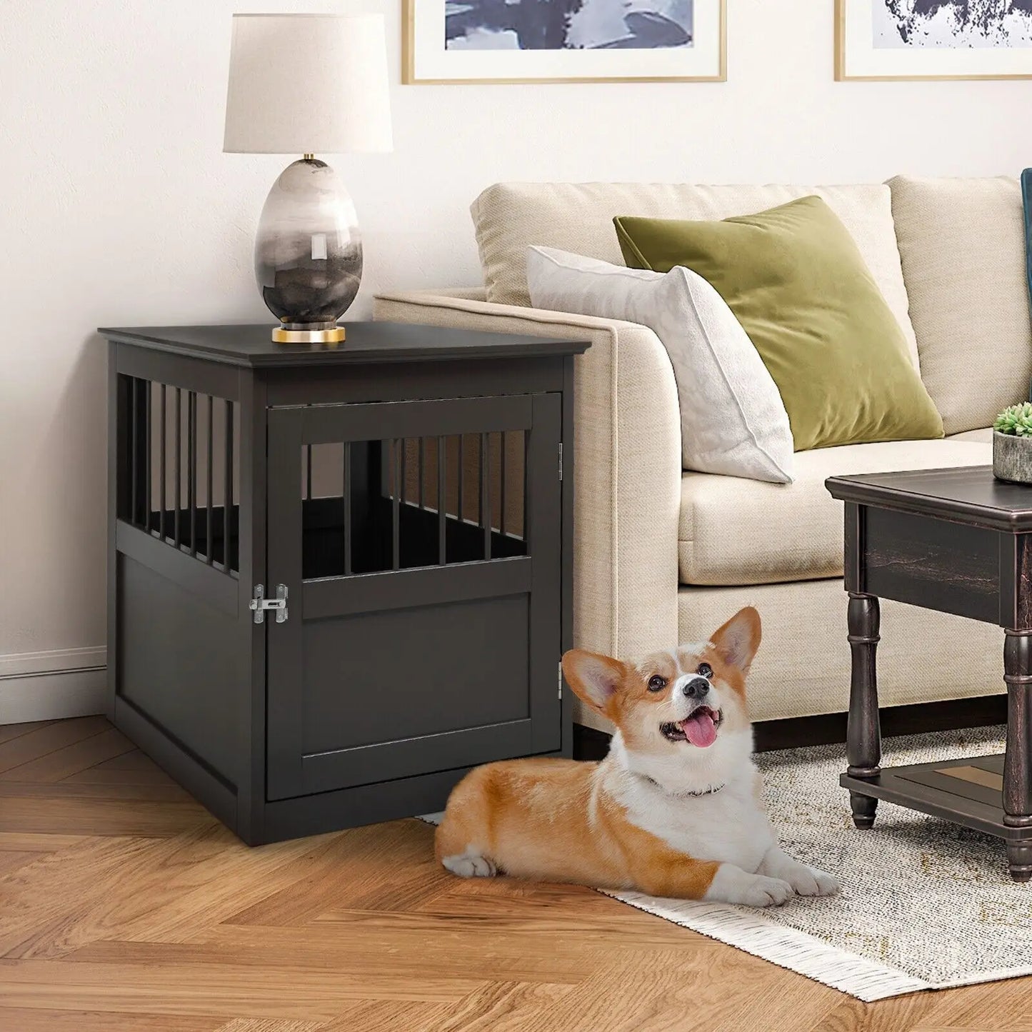 Wooden Dog Crate Kennel Cage Bed Night Stand End Table Wood Furniture Brown