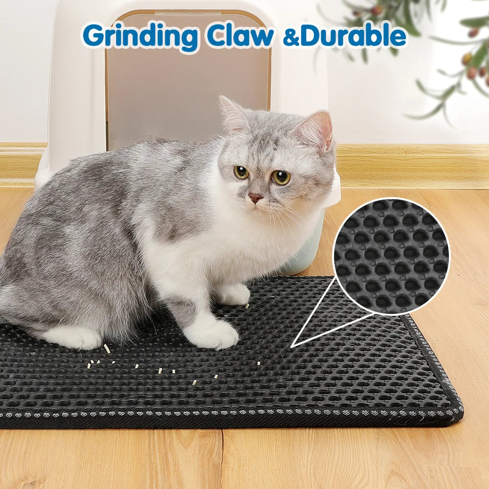 Cat Litter Mat Double Layer Mats with Scratching Design Urine Waterproof Easy Clean Scatter Control 21in x 14in Black