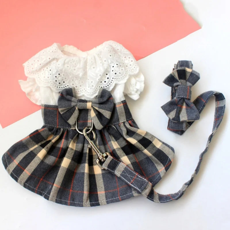 Dog Clothes Dog Dress Plaid Skirt With Big Bowknot Pet Harness With Leash Set For Girls Small Medium Chihuahua