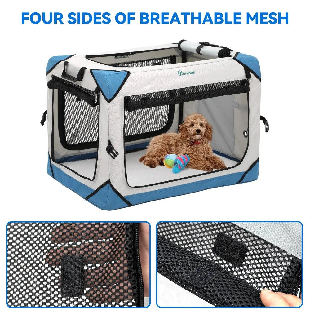 Portable Dog Travel Crate Collapsible with 4 Doors and Sturdy Mesh Windows Soft Kennel for Indoor and Outdoor Use - Whisker and Waggers