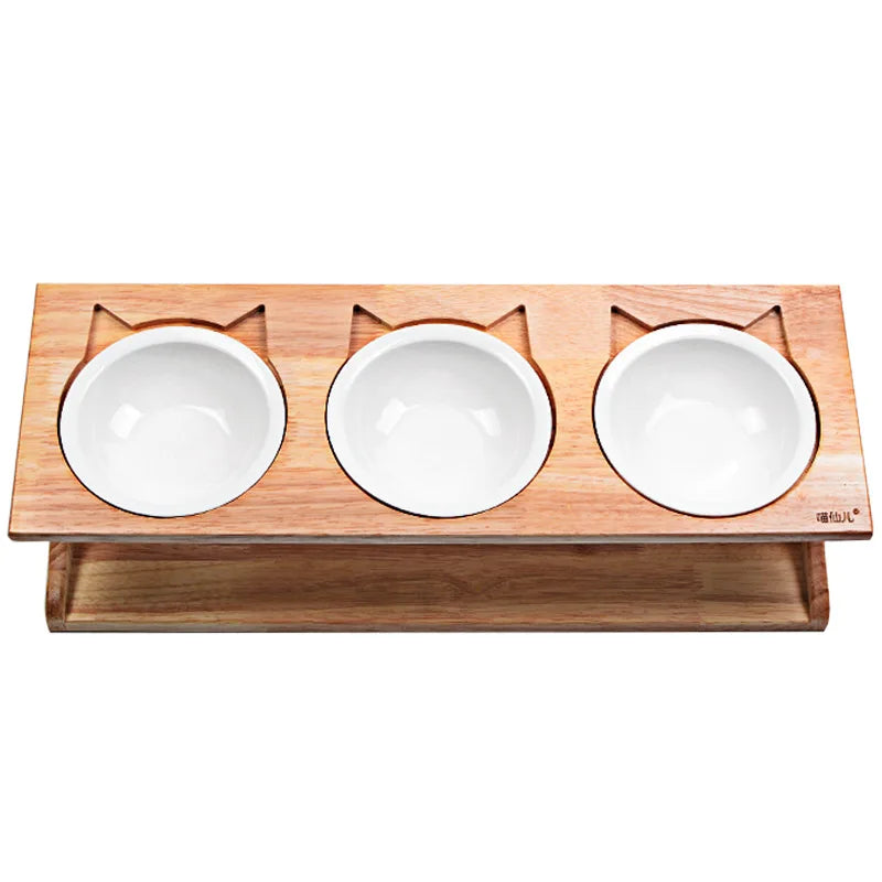 Raised Cat Bowls Elevated Bamboo Food Bowls for Cat and Small Dog Anti-Leak Pet Food Water Bowl