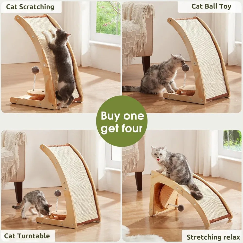 Large Cat Scratcher, Natural Sisal Cat Scratch Pad,4 in 1 Cat Scratching Post with Turntable Toy Spring Ball for Indoor Cats