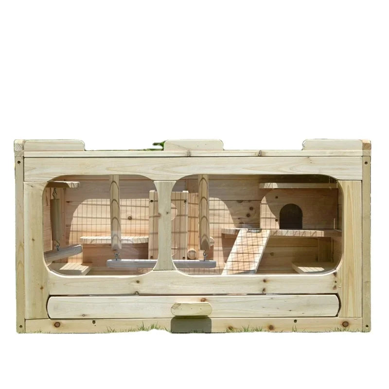 Hamster Cage Safe and Locked Natural Solid Wood Rabbit Hutches Small Animal Cage House