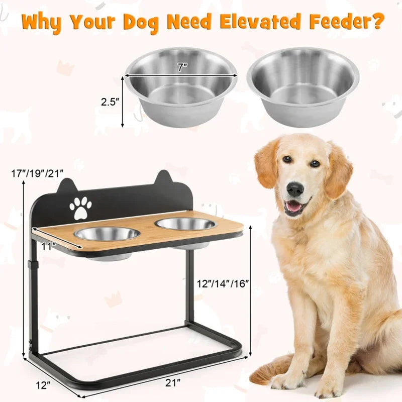 Stable Durable Premium  3 Adjustable Heights Stainless Steel Bowl Stand with 2 Food Water Bowls - Whisker and Waggers