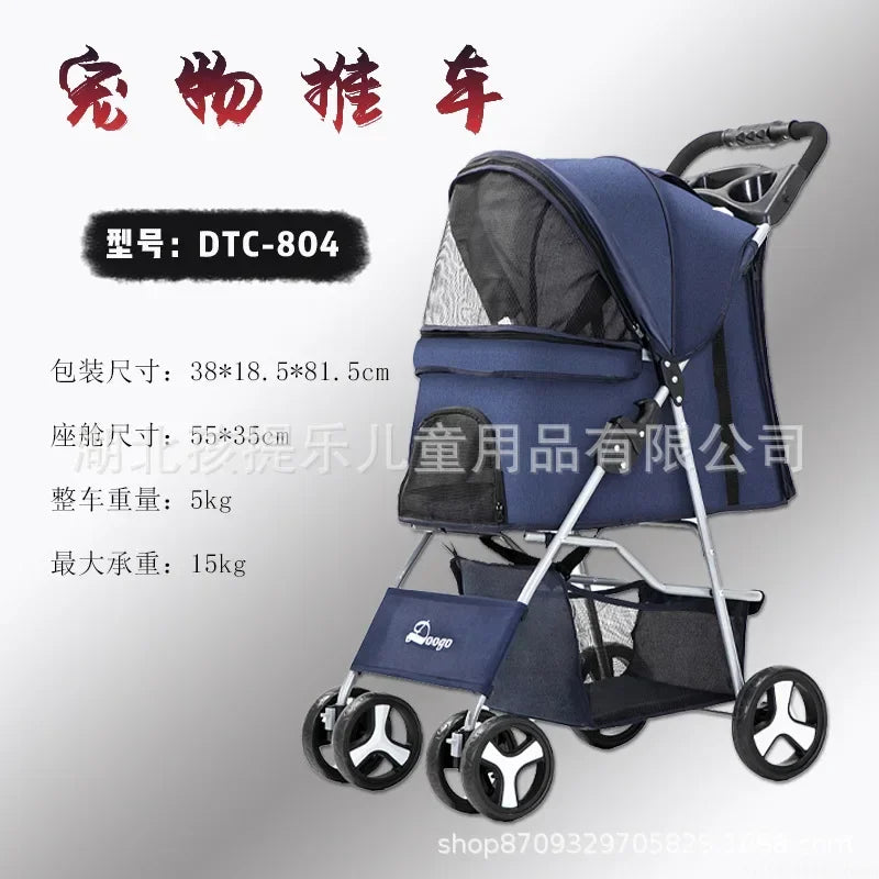 DTC-804 Portable Foldable Pet Cart Cat Dog Four Wheeled Cart Single Handed Delivery with Sunroof