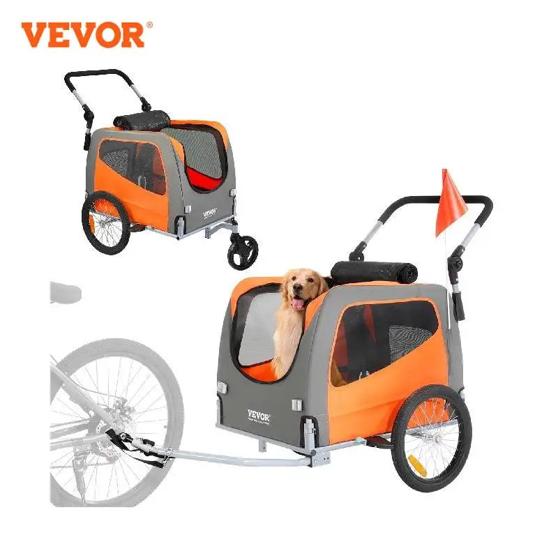 VEVOR 66lbs Dog Bike Trailer 2-in-1 Pet Stroller Folding Cart Frame Bicycle Carrier with Wheels Universal Coupler for Dogs Cats