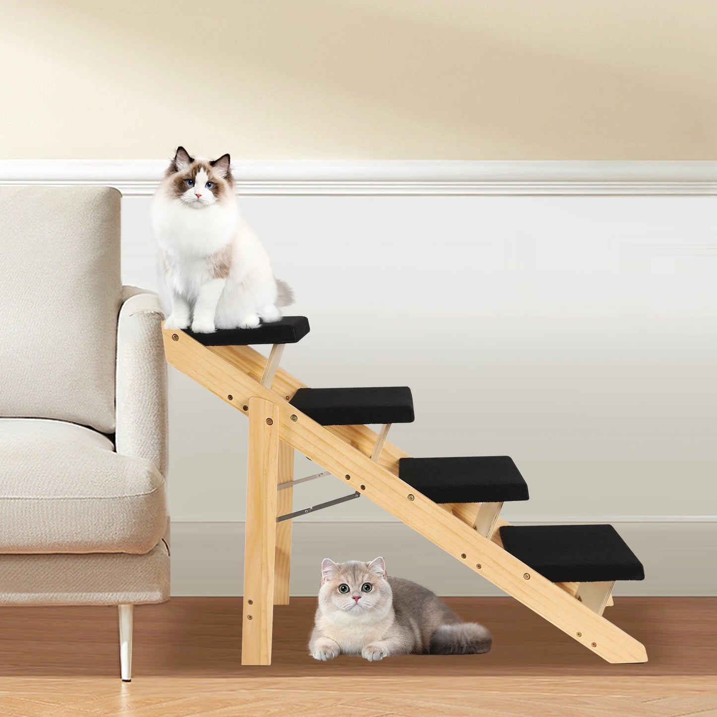 4-Level 2-in-1 Wood+Flannelette Pet Stair Portable Non-Slip Pet Steps Pet Ramp Foldable Dog Ladder Cat Accessories