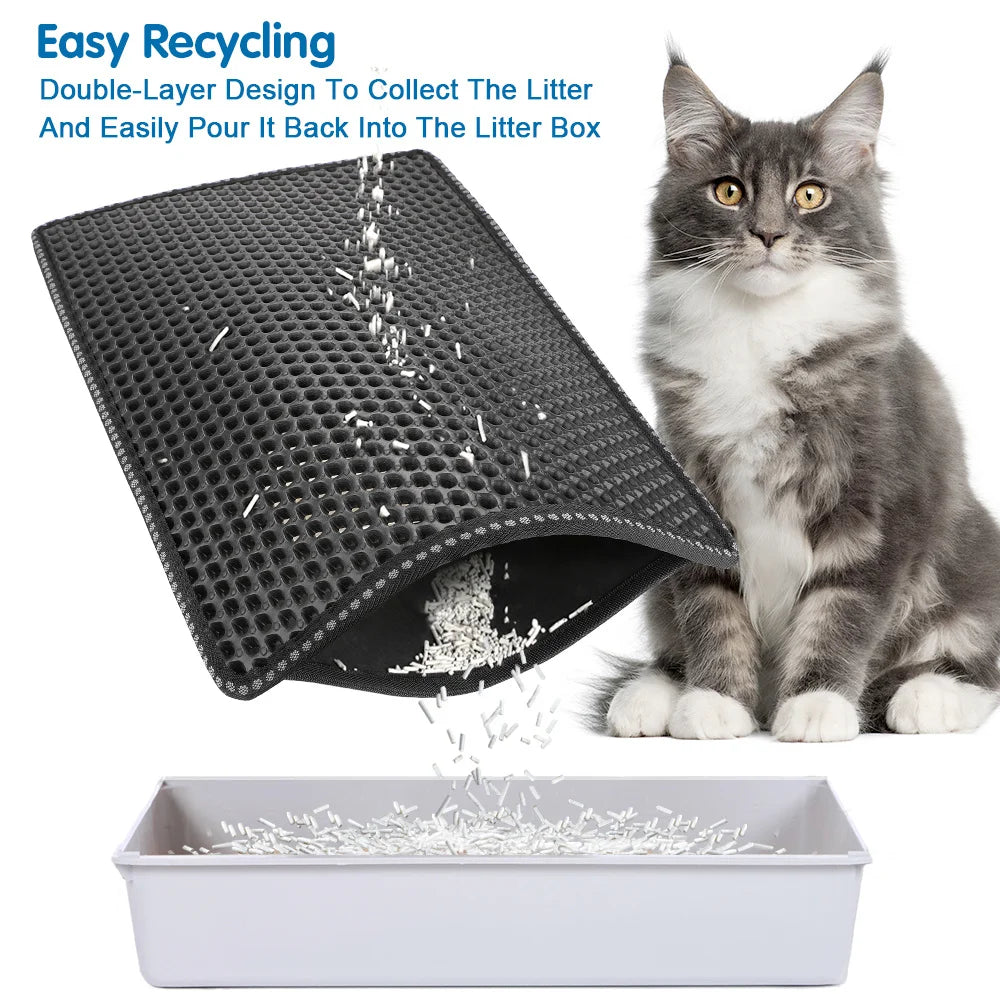 Cat Litter Mat Double Layer Mats with Scratching Design Urine Waterproof Easy Clean Scatter Control 21in x 14in Black