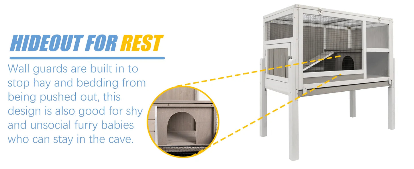 Guinea Pig Cages , Wooden Guinea Pig Cages with Stand, Rabbit Cage Hutch with Ramp and Hideout, with Not Leakage Pull Out Tray