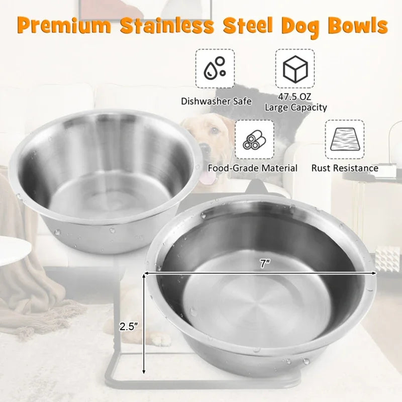 Stable Durable Premium  3 Adjustable Heights Stainless Steel Bowl Stand with 2 Food Water Bowls - Whisker and Waggers