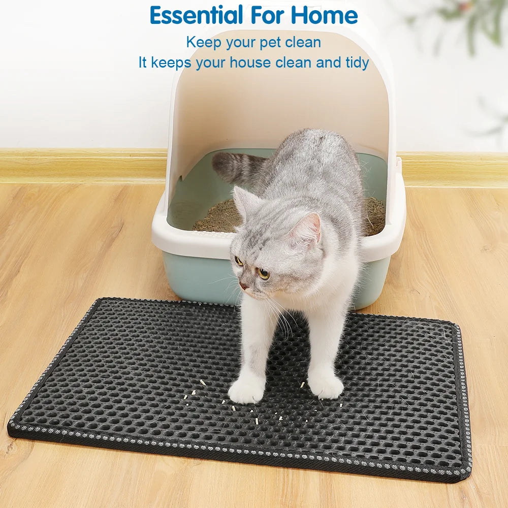 Cat Litter Mat Double Layer Mats with Scratching Design Urine Waterproof Easy Clean Scatter Control 21in x 14in Black