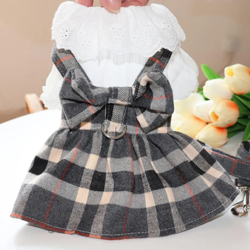 Dog Clothes Dog Dress Plaid Skirt With Big Bowknot Pet Harness With Leash Set For Girls Small Medium Chihuahua