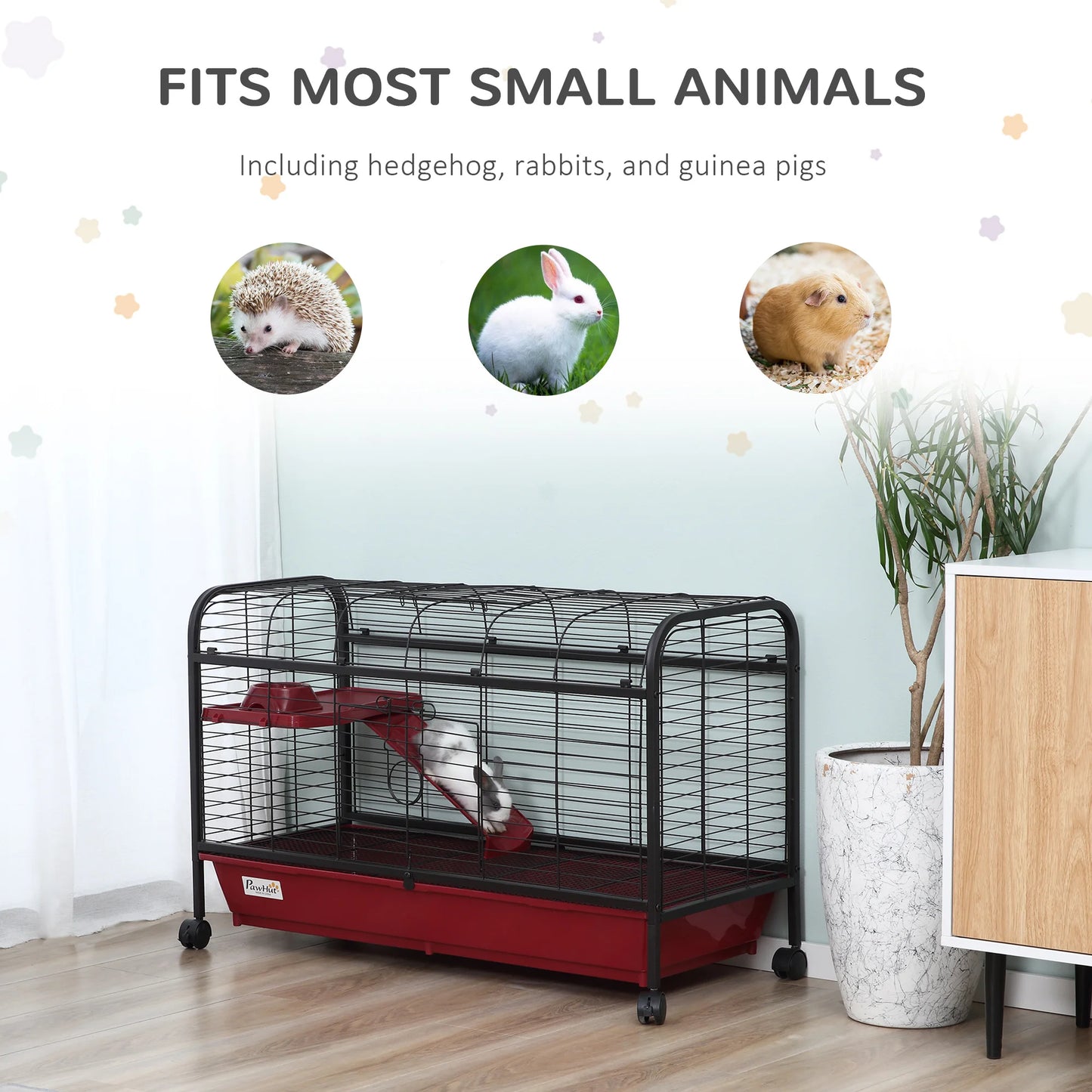 41"L Small Animal Cage Rabbit Hutch Ferret Pet Play House with Feeder, Rolling Wheels, Platform, Ramp