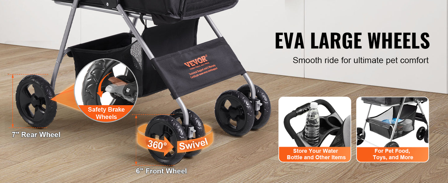 VEVOR 35lbs 4 Wheels Pet Dog Stroller with Brakes Storage Basket Cup Holder Puppy Stroller for Cats Travel